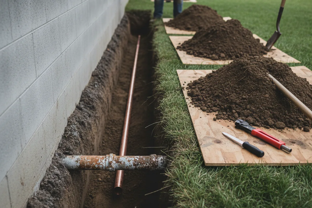 Excavated water line trench during Water Softener Installation in Disney